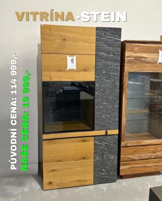 Vysoká vitrínová skříň Stein 🥰 Materiál: masiv dub, MDF, sklo, kámen✅ Rozměry: 97 x 202 x 43✅ Oděrka ve spodním rohu dveří...