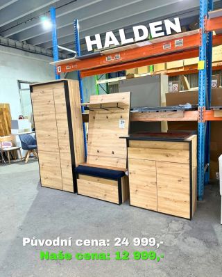 Hnědá předsíňová sestava Halden🥰😍 Materiál: MDF, sklo, polypropylen Rozměry: 266 x 200 x 38 Jednotlivé rozměry: Zrcadlo -...