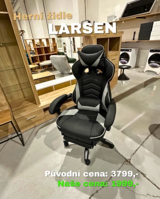 Černošedá herní polohovatelná židle Larsen 🎮🕹️😍 Materiál: 100 % polyester, 100 % polyuretan (PU), 100 % polyvinylchlorid...