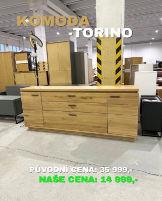 Světle hnědá široká komoda Torino 🤩🤩 Materiál: HDF, masiv dub Rozměry: 210 x 84 x 44 Počet zásuvek: 3✅ LED osvětlení...